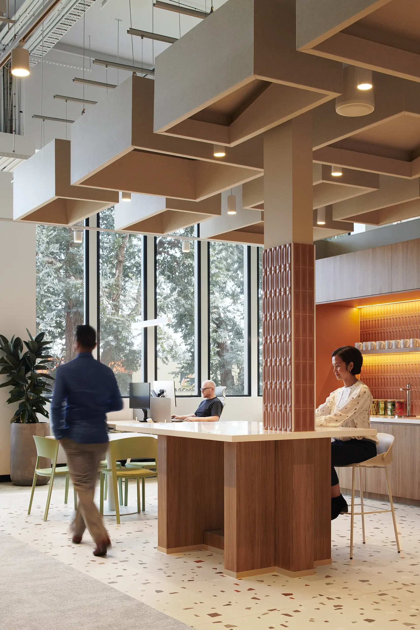 furniture, table, cafeteria, plant, desk, person, adult, male, man, shoe